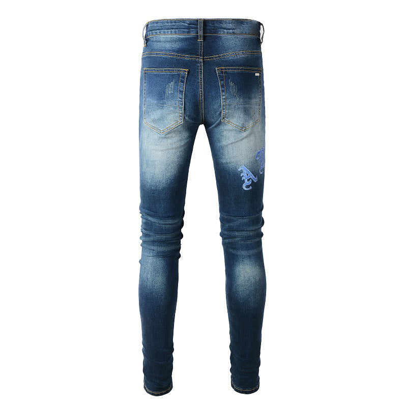 Jean déchiré avec patch et lettres brodées High Street Slim Feet #838