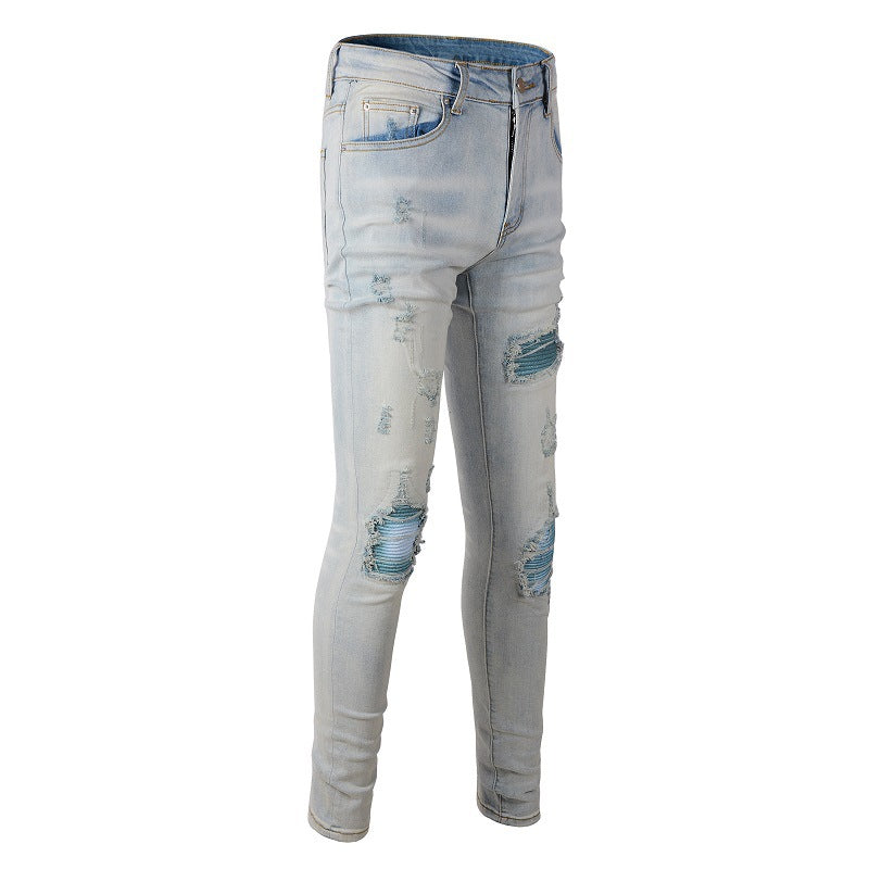 645 Ripped Blue Patch Jeans Elastic Slim Slim High Street Jeans