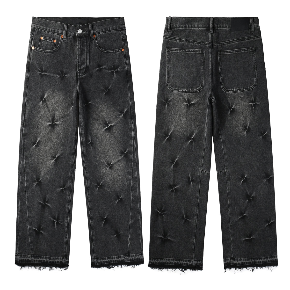 Men Designer Wide Leg Jeans Vintage Black with Quilted Texture and Distressed Hem 9115