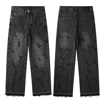Men Designer Wide Leg Jeans Vintage Black with Quilted Texture and Distressed Hem 9115