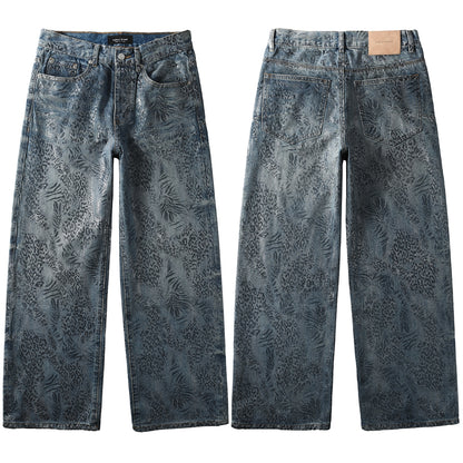 Streetwear Men’s Loose Fit Blue Jeans with Unique Leopard Leaf Patterned Wash for Retro Urban Style 100