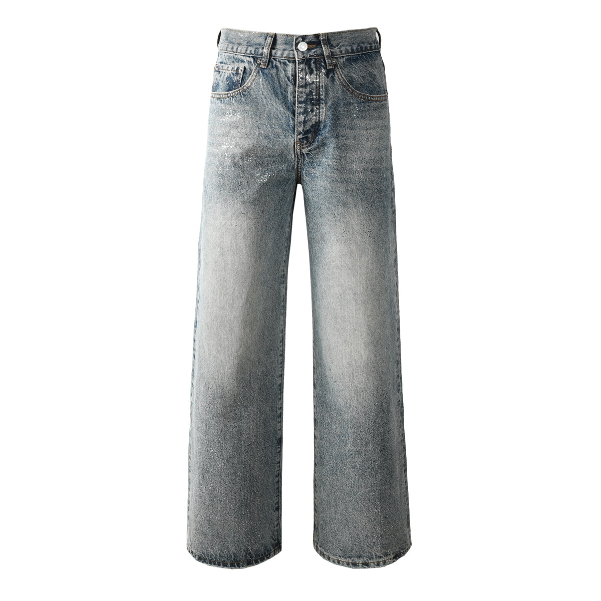 Edgy Men’s Light Wash Loose Fit Jeans with Washed Fade Effect and Light White Paint Splatter Design 101