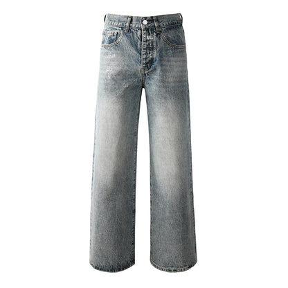 Edgy Men’s Light Wash Loose Fit Jeans with Washed Fade Effect and Light White Paint Splatter Design 101