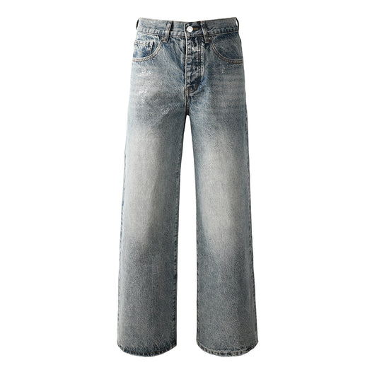 Edgy Men’s Light Wash Loose Fit Jeans with Washed Fade Effect and Light White Paint Splatter Design 101