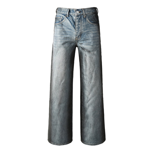 Men’s Light Blue Wide Leg Jeans with Faux Croc Leather Coating Effect and Vintage Washed Street Style 102