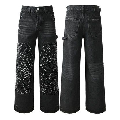 Men's Wide Leg Black Denim Jeans with Studded Front Panels and Streetwear Workwear Inspired Design 104