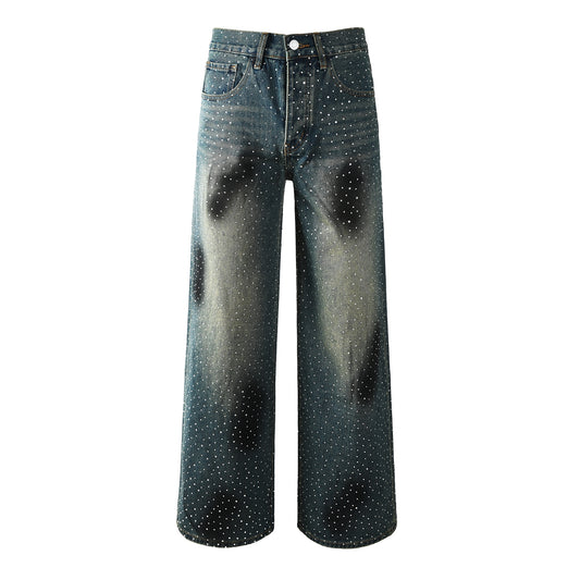 Men’s Dark Blue Wide Leg Jeans with Allover Studded Rhinestone Detailing Vintage Street Loose Denim Pants 106