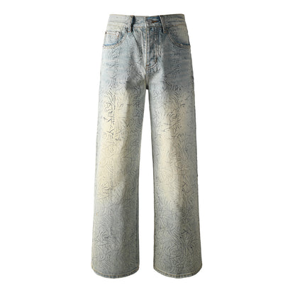 Mens Light Blue Wide Leg Jeans Loose Fit Vintage Wash with Abstract Pattern Streetwear 107