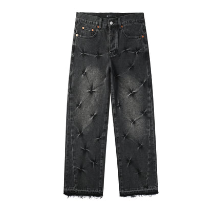 Men Designer Wide Leg Jeans Vintage Black with Quilted Texture and Distressed Hem 9115