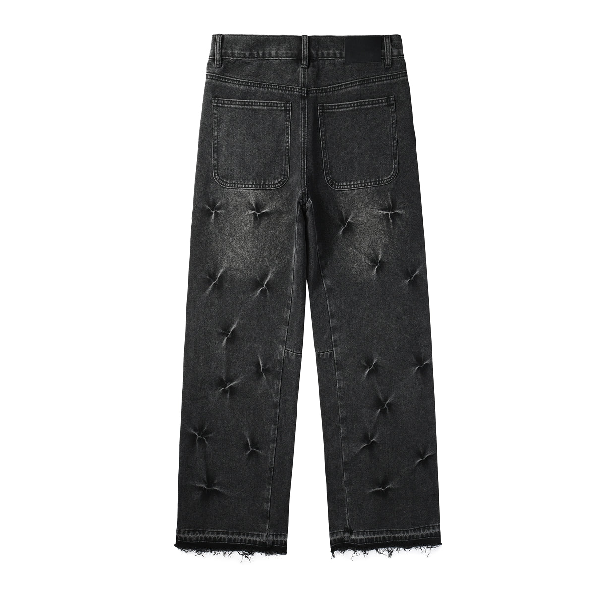 Men Designer Wide Leg Jeans Vintage Black with Quilted Texture and Distressed Hem 9115