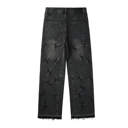 Men Designer Wide Leg Jeans Vintage Black with Quilted Texture and Distressed Hem 9115