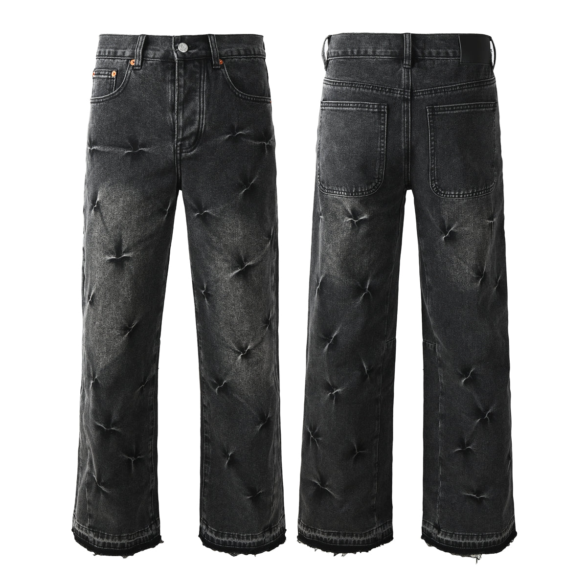 Men Designer Wide Leg Jeans Vintage Black with Quilted Texture and Distressed Hem 9115
