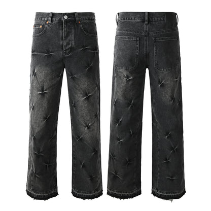 Men Designer Wide Leg Jeans Vintage Black with Quilted Texture and Distressed Hem 9115