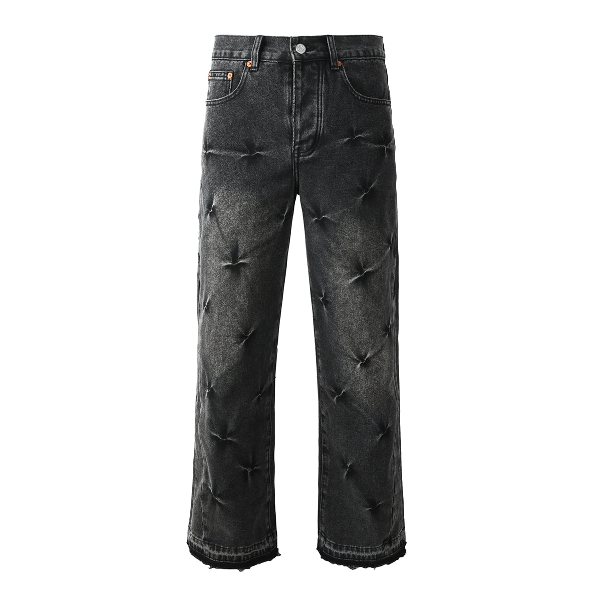 Men Designer Wide Leg Jeans Vintage Black with Quilted Texture and Distressed Hem 9115
