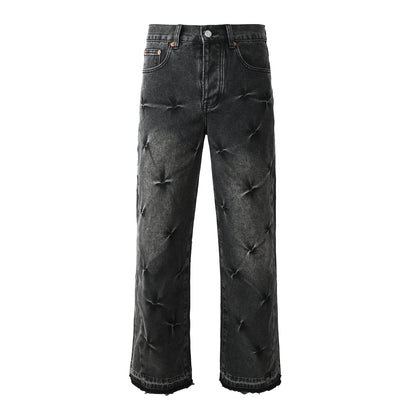 Men Designer Wide Leg Jeans Vintage Black with Quilted Texture and Distressed Hem 9115