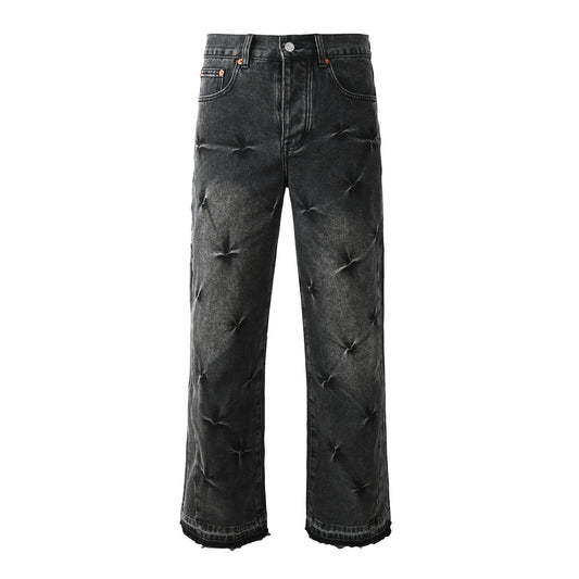 Men Designer Wide Leg Jeans Vintage Black with Quilted Texture and Distressed Hem 9115