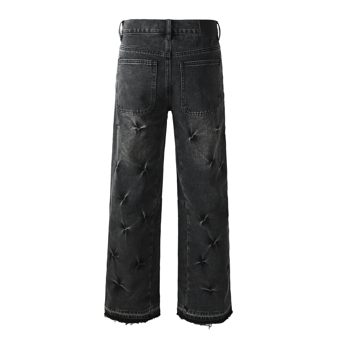 Men Designer Wide Leg Jeans Vintage Black with Quilted Texture and Distressed Hem 9115