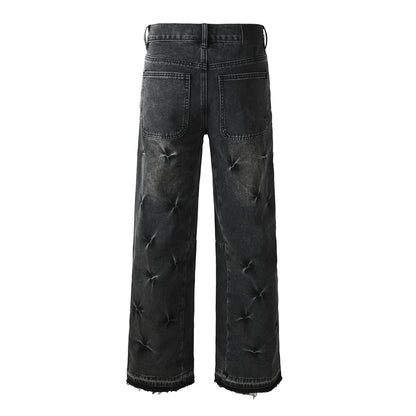 Men Designer Wide Leg Jeans Vintage Black with Quilted Texture and Distressed Hem 9115