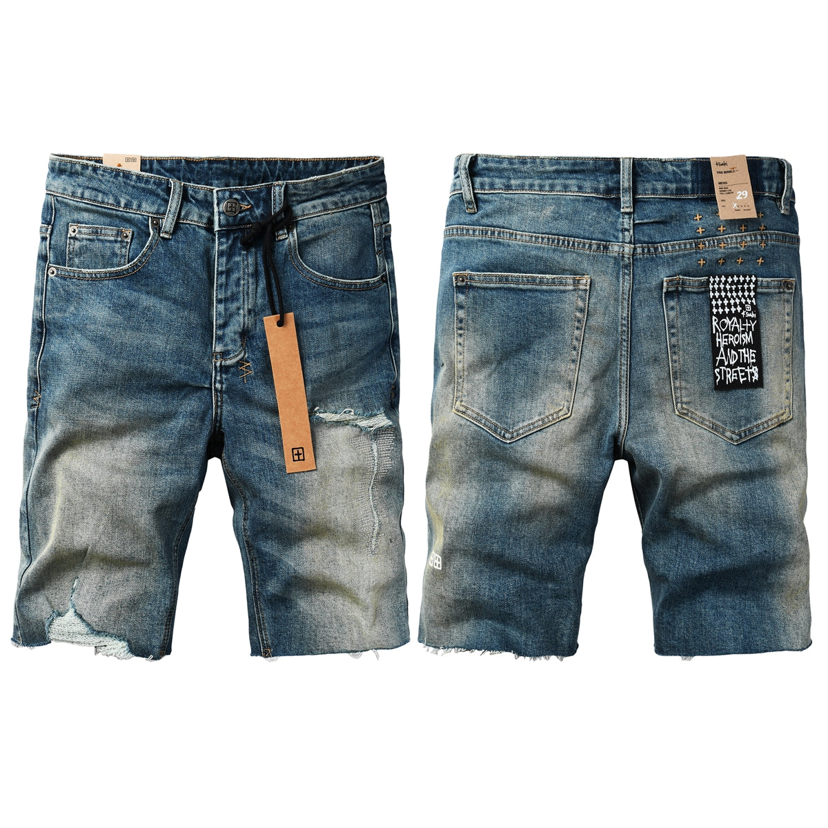 Men Streetwear Denim Shorts Blue Washed with Ripped Detail Raw Hem and Graphic Patch 2002