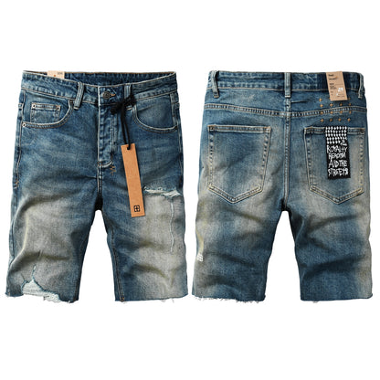 Men Streetwear Denim Shorts Blue Washed with Ripped Detail Raw Hem and Graphic Patch 2002