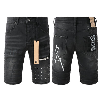 Men Streetwear Denim Shorts Black Washed with Graffiti Print Distressed Knee and Graphic Patch 2006