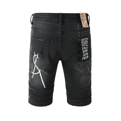 Men Streetwear Denim Shorts Black Washed with Graffiti Print Distressed Knee and Graphic Patch 2006