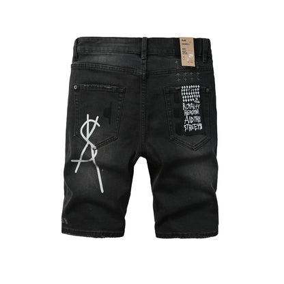 Men Streetwear Denim Shorts Black Washed with Graffiti Print Distressed Knee and Graphic Patch 2006