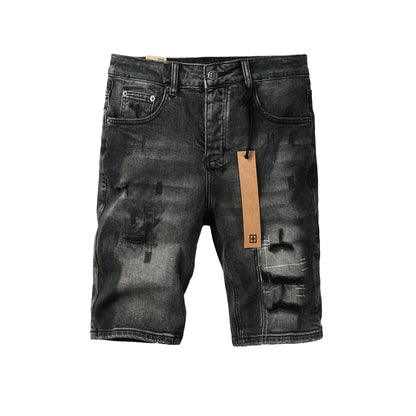 Men Streetwear Denim Shorts Dark Washed Black with Paint Effect Distressed Details and Graphic Patch 2007