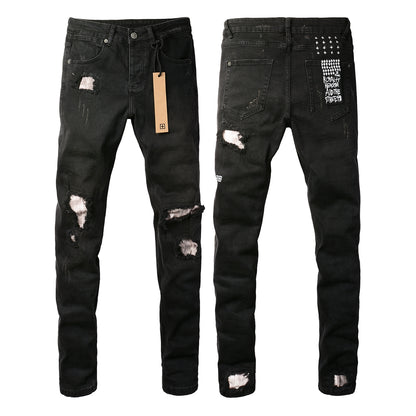 Jean Slim Fit noir avec de multiples déchirures et une finition vieillie 3002