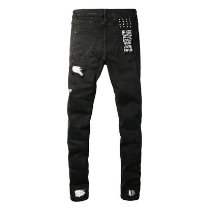 Jean Slim Fit noir avec de multiples déchirures et une finition vieillie 3002