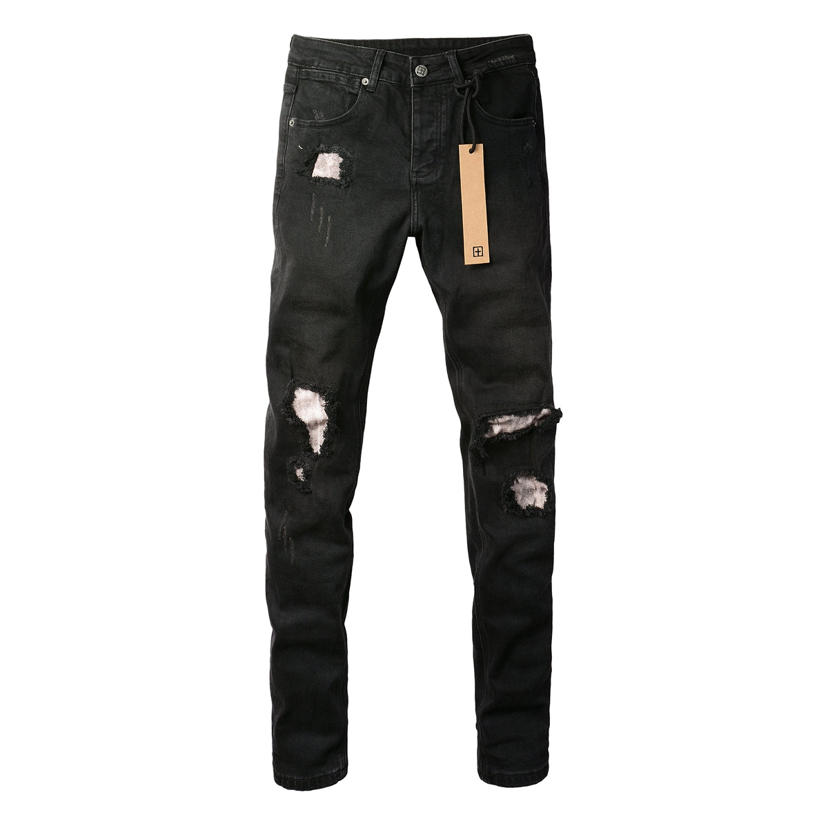 Jean Slim Fit noir avec de multiples déchirures et une finition vieillie 3002