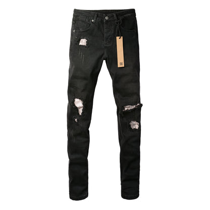 Jean Slim Fit noir avec de multiples déchirures et une finition vieillie 3002