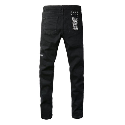 Mid-Rise Black Jeans with Shredded Knees 3005