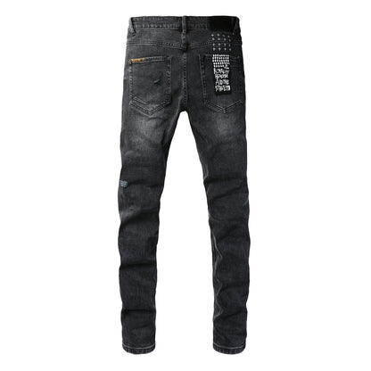Distressed Black Jeans with Bold Square Patch Details 3021