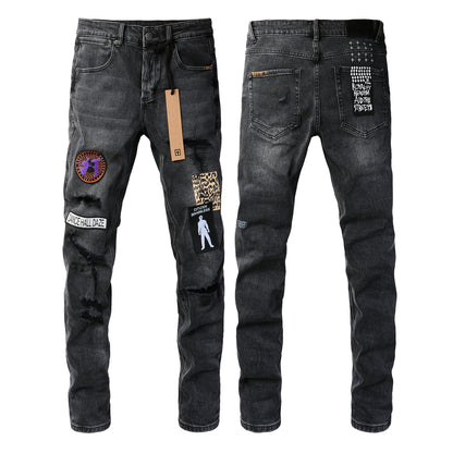 Distressed Black Jeans with Bold Square Patch Details 3021