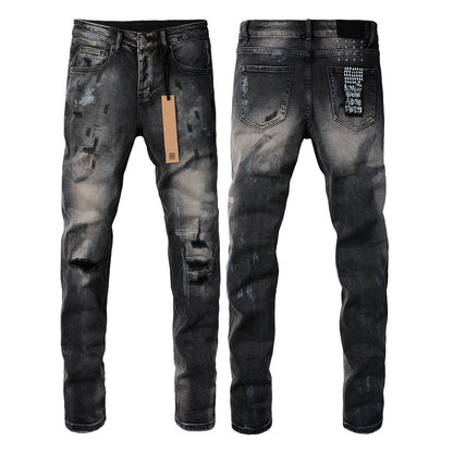 Street Style Black Ripped Jeans with Frayed Knee Accents 3027