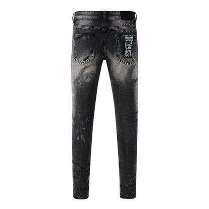 Street Style Black Ripped Jeans with Frayed Knee Accents 3027