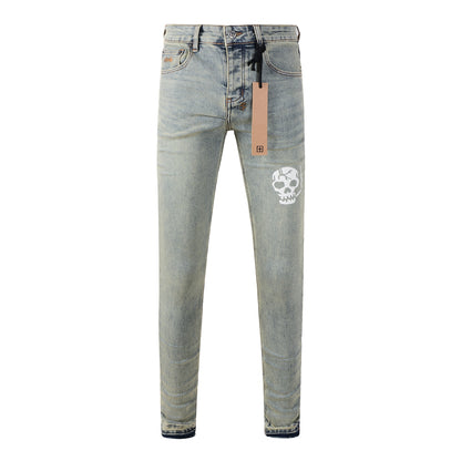 Modern Light Blue Denim with Artistic Smoking Skull Detail 3028