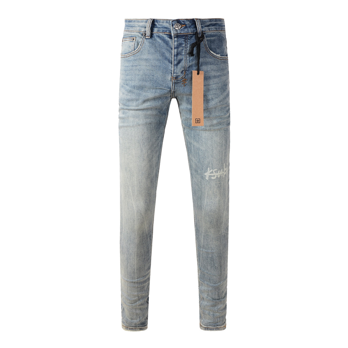 Retro Inspired Light Blue Jeans with Distressed Wash and White Logo 3029