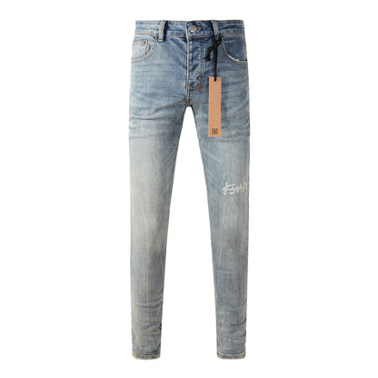 Retro Inspired Light Blue Jeans with Distressed Wash and White Logo 3029