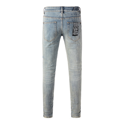 Retro Inspired Light Blue Jeans with Distressed Wash and White Logo 3029