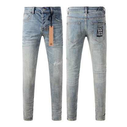 Retro Inspired Light Blue Jeans with Distressed Wash and White Logo 3029