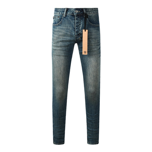 Men Streetwear Jeans Vintage Blue Washed with Clean Look and Graphic Back Pocket Patch 3033