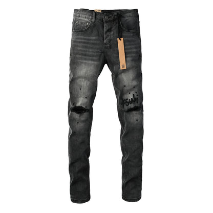 Men Streetwear Jeans Washed Black with Ripped Knees Paint Splatter and Graphic Patch 3034