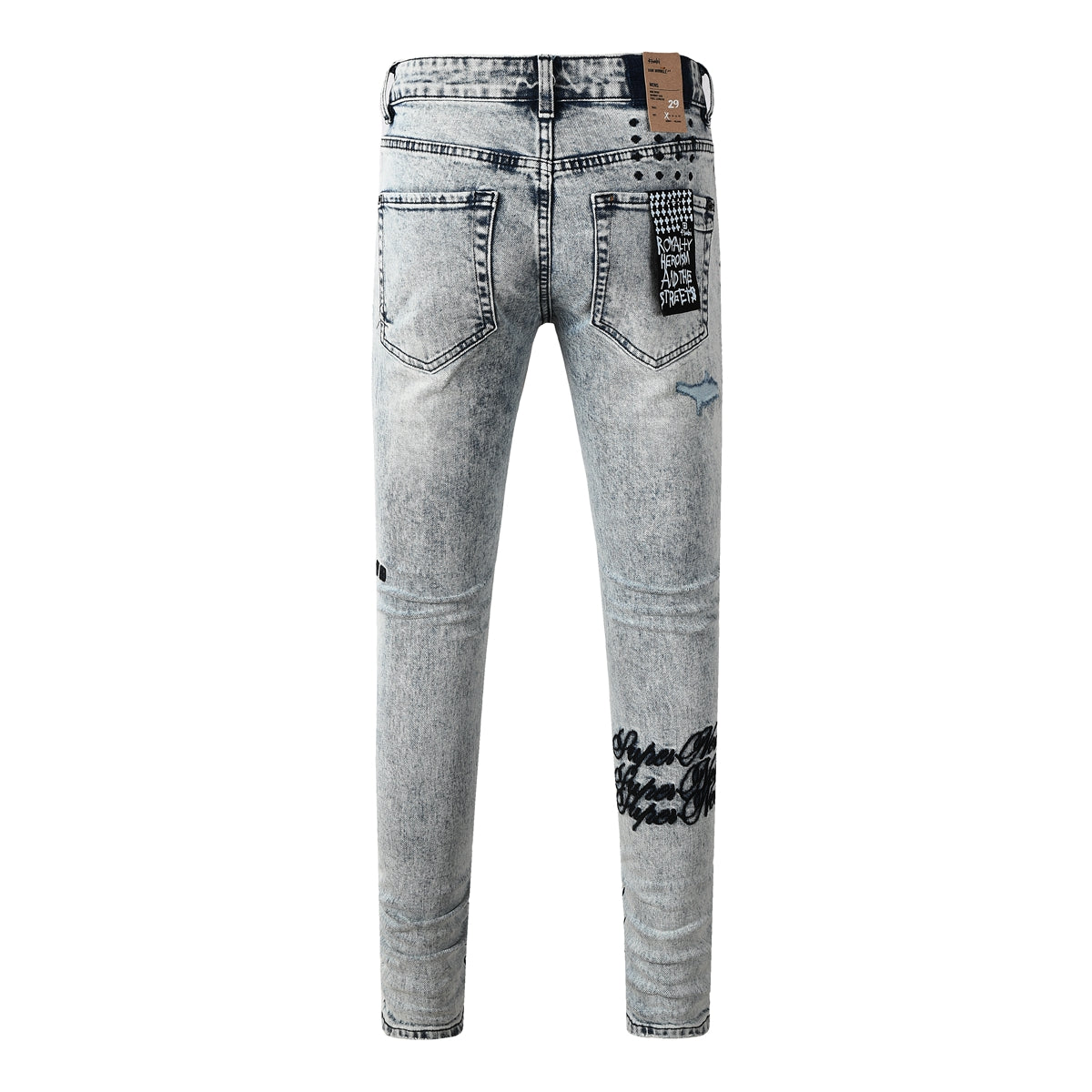 Jean skinny délavé clair pour homme, avec détails usés et imprimé patch au dos 3046 