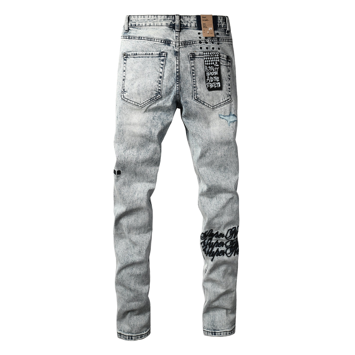 Jean skinny délavé clair pour homme, avec détails usés et imprimé patch au dos 3046 