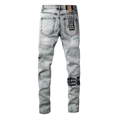 Jean skinny délavé clair pour homme, avec détails usés et imprimé patch au dos 3046 
