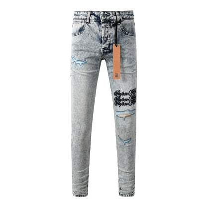 Jean skinny délavé clair pour homme, avec détails usés et imprimé patch au dos 3046 