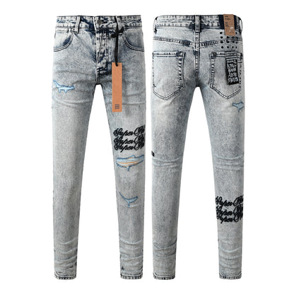 Jean skinny délavé clair pour homme, avec détails usés et imprimé patch au dos 3046 