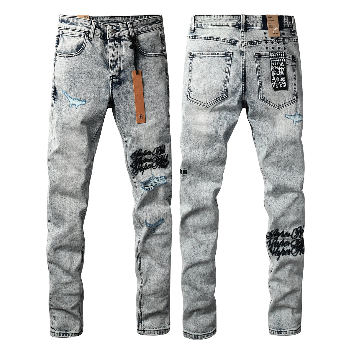 Jean skinny délavé clair pour homme, avec détails usés et imprimé patch au dos 3046 